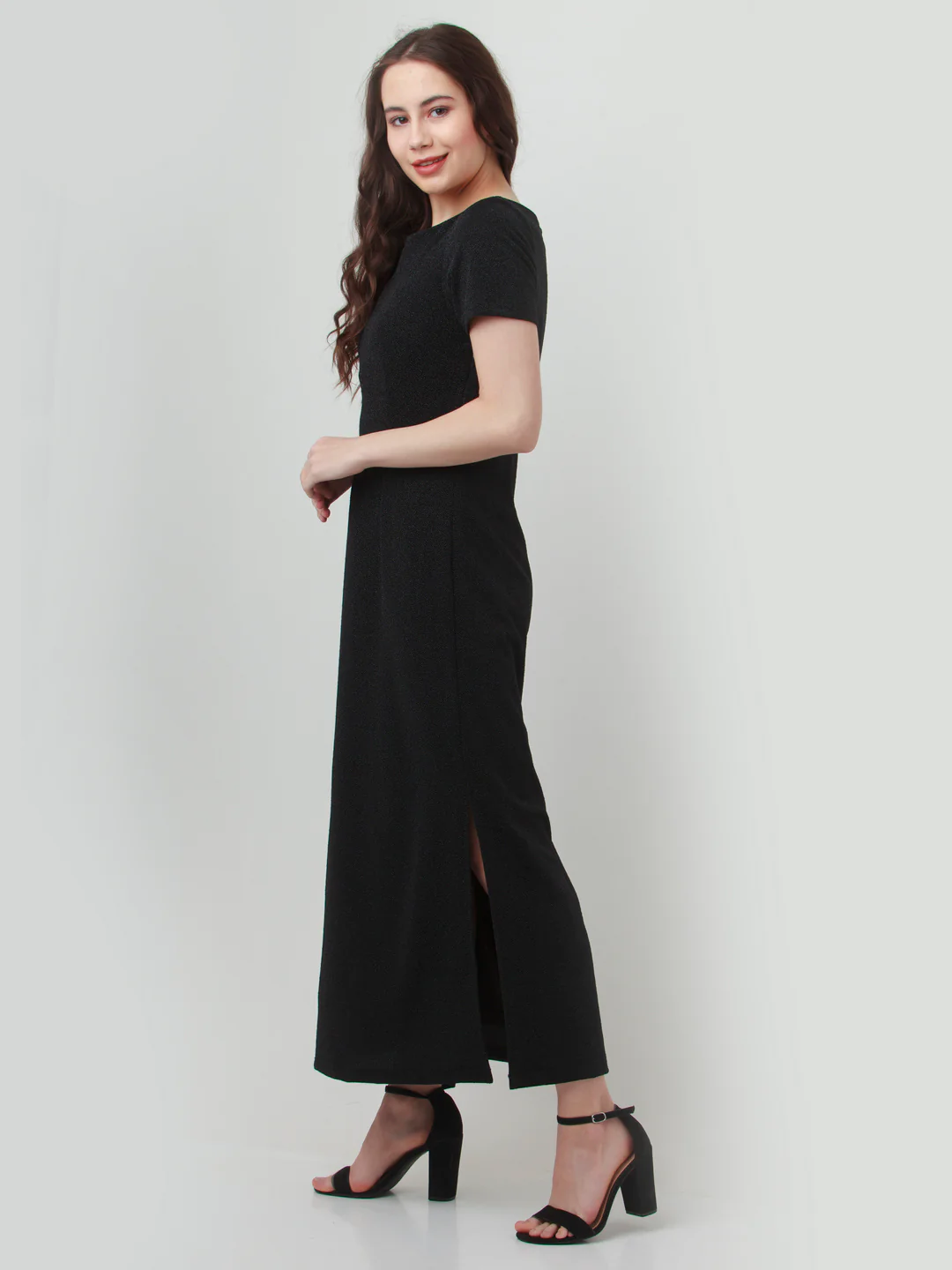 Black Solid Straight Maxi Dress - Image 3