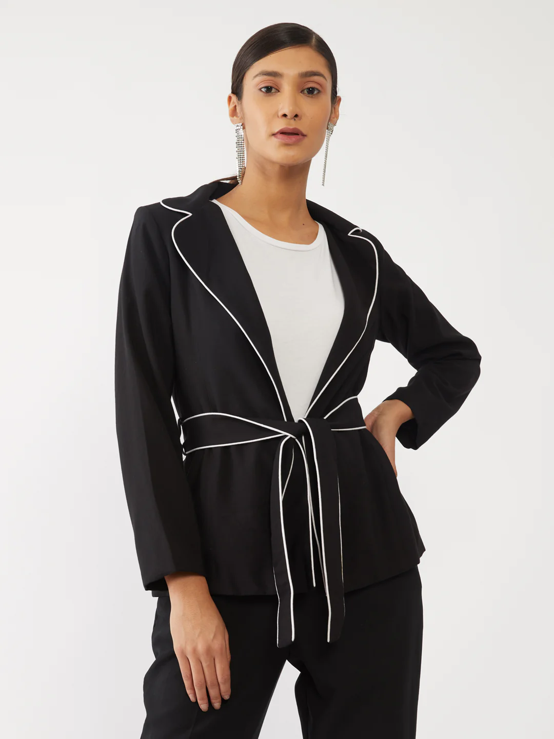 Black Solid Tie-Up Coat - Image 2