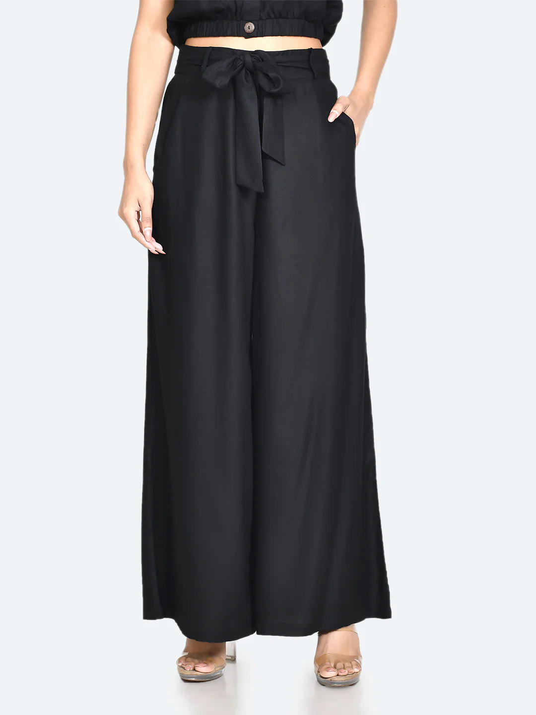 Black Solid Tie-Up Trouser - Image 2