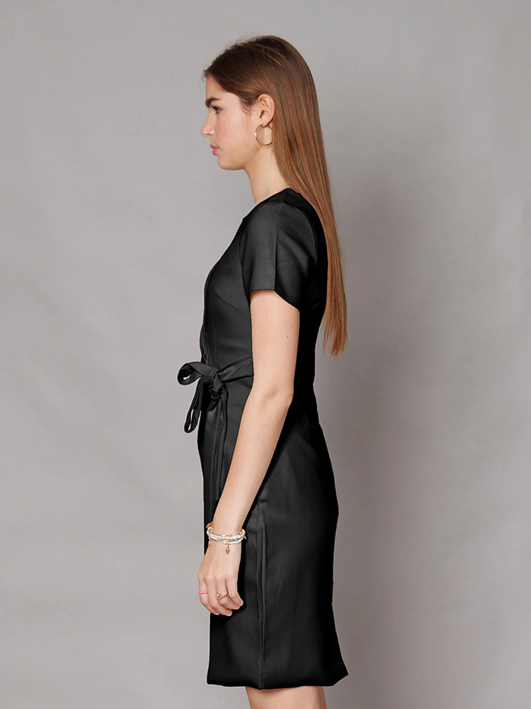 Black Solid Waist Tie-Up Mini Dress - Image 3