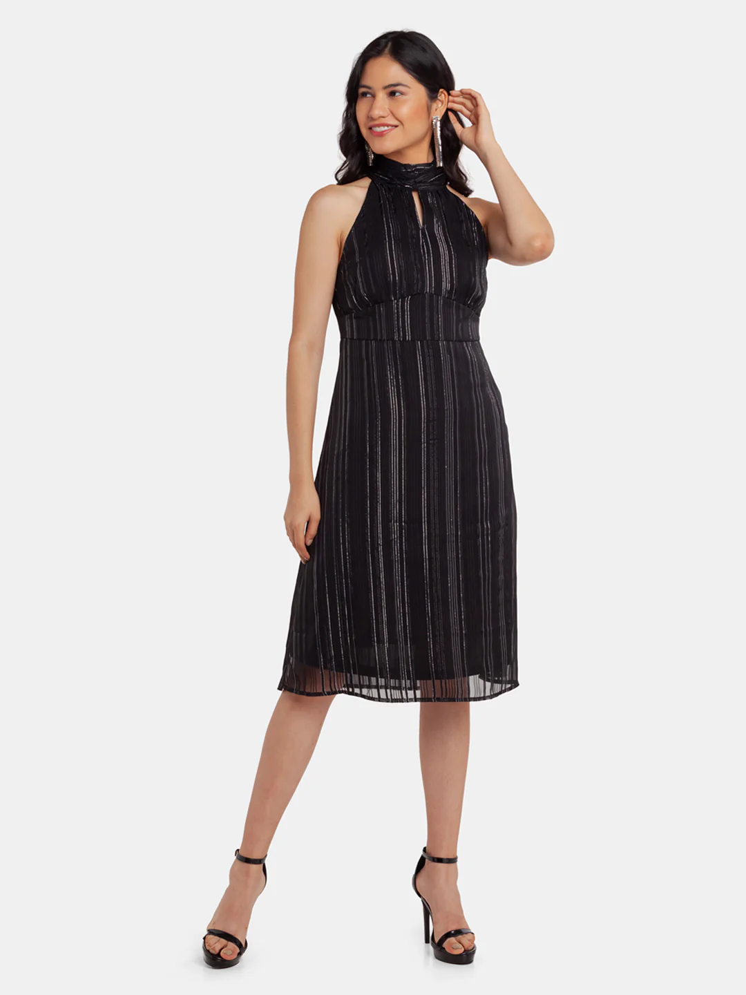 Black Striped A-Line Midi Dress - Image 2