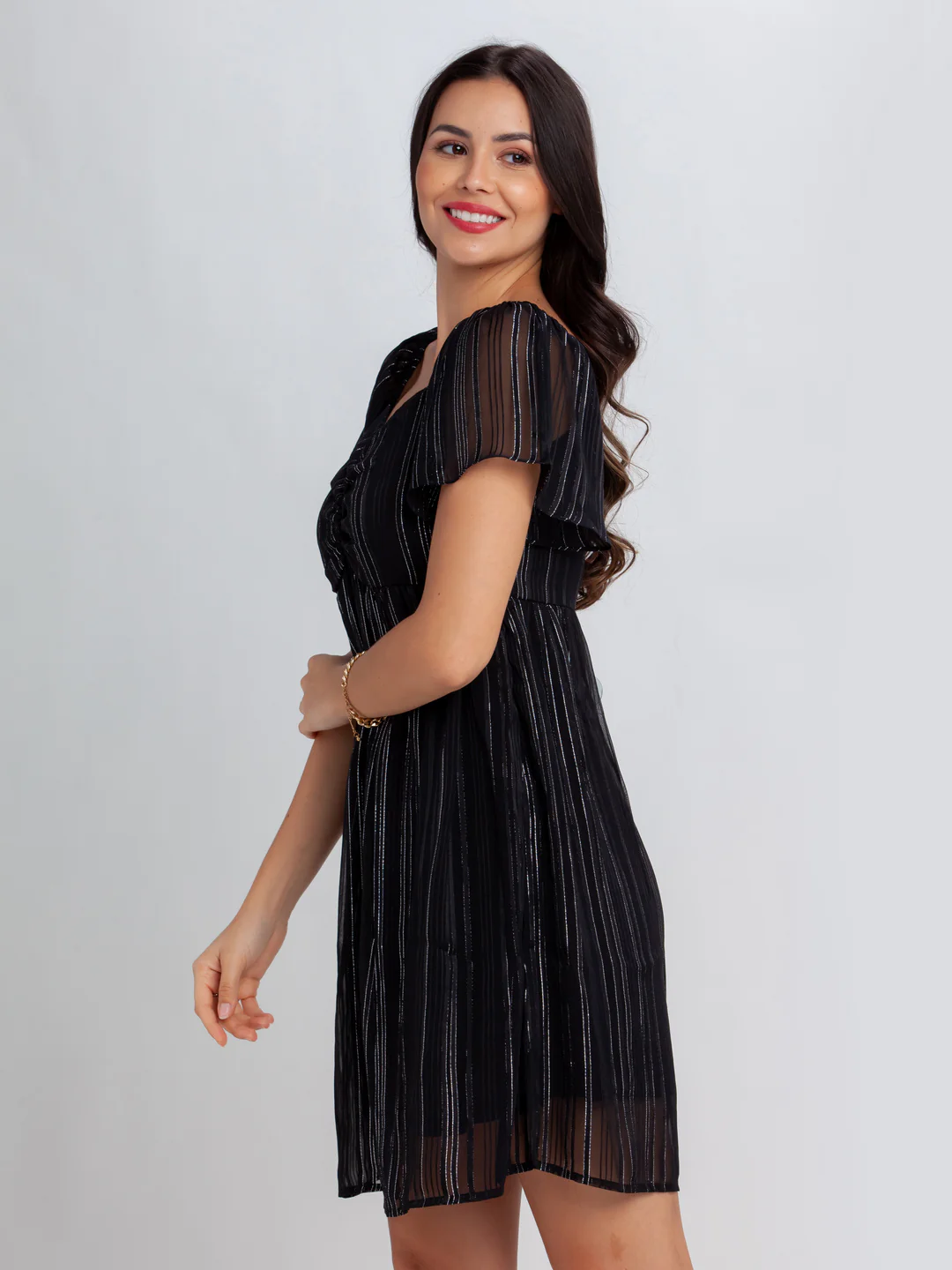 Black Striped Flared Sleeve Short Dress - Image 3