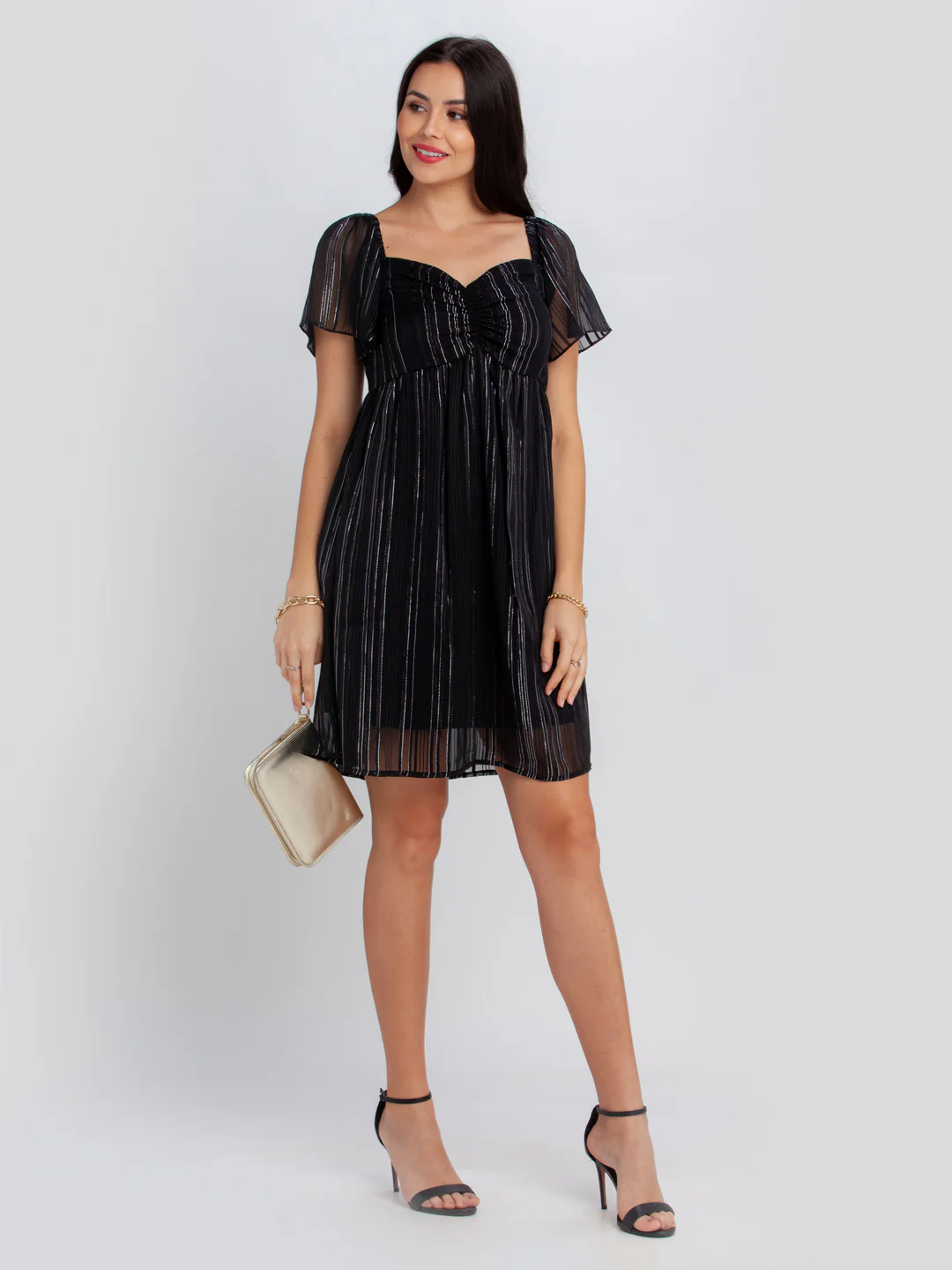 Black Striped Flared Sleeve Short Dress - Image 5
