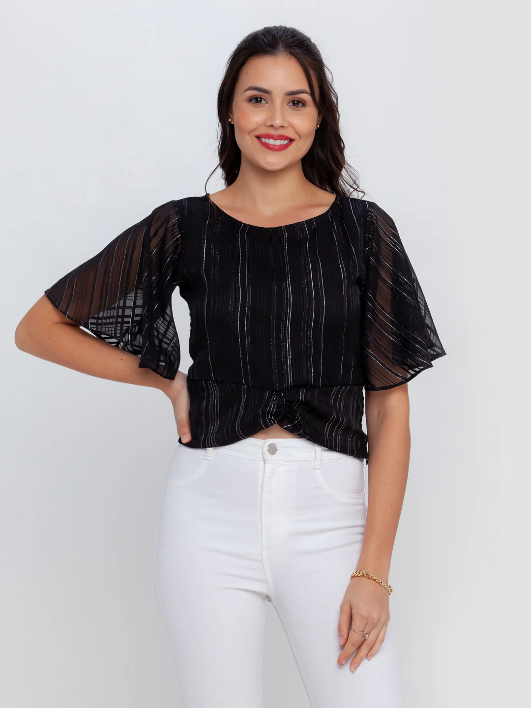 Black Striped Flared Sleeve Top - Image 2