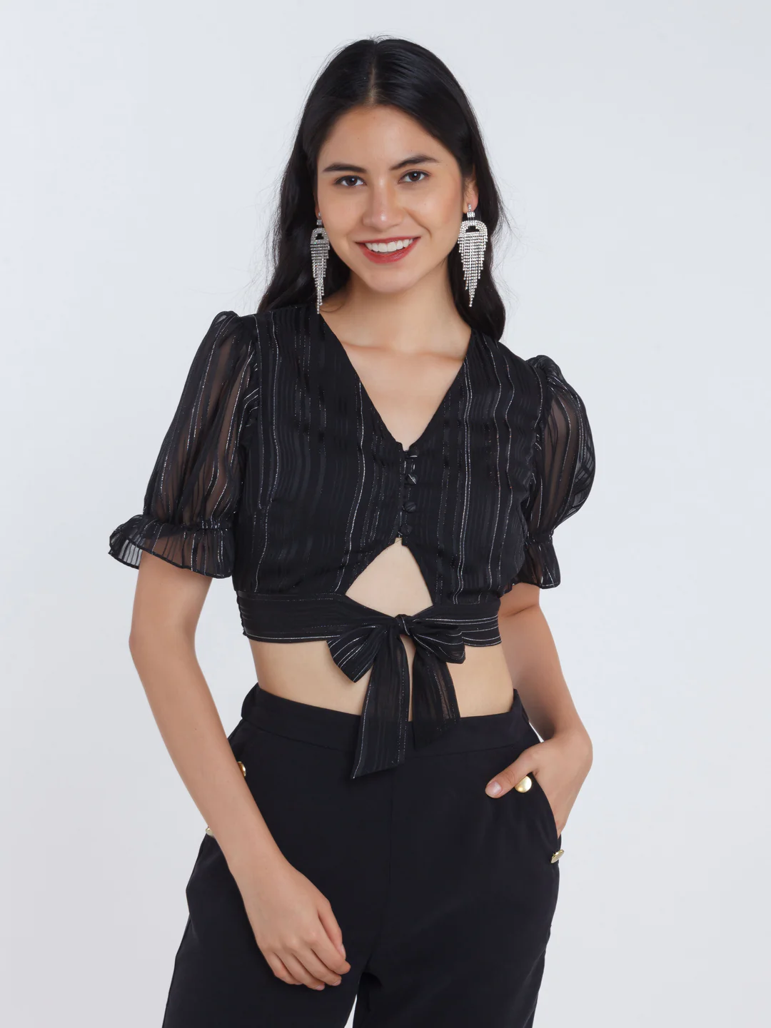 Black Striped Tie-Up Top - Image 2