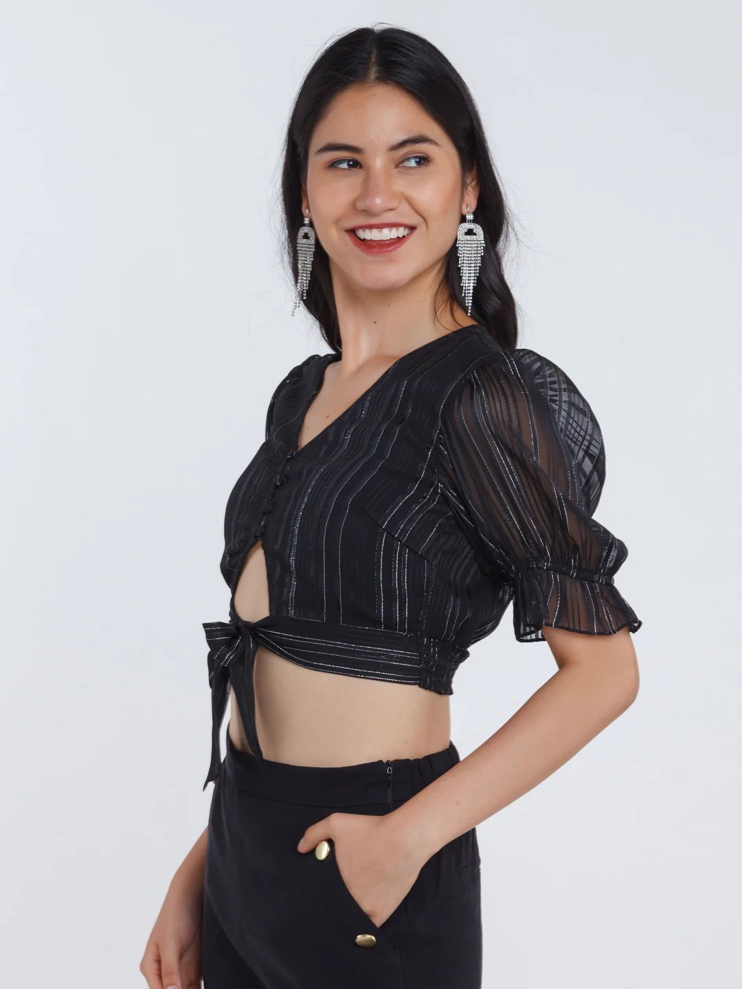 Black Striped Tie-Up Top - Image 3