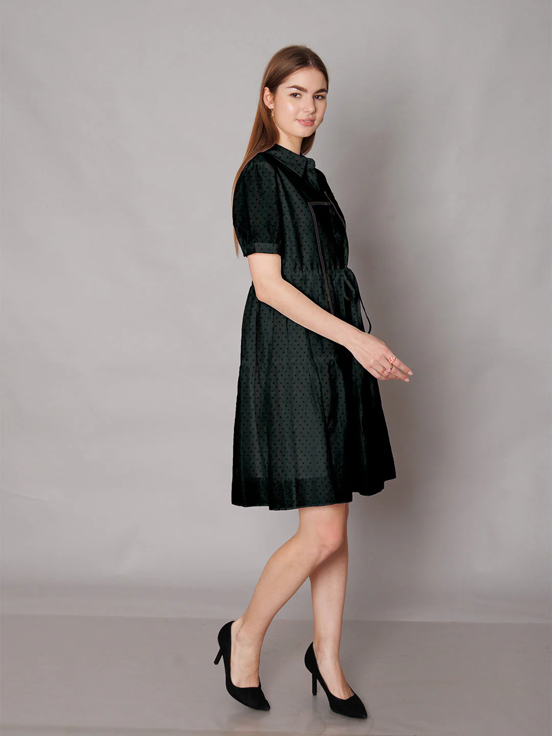 Black Textured Knee-Length A-Line Dress