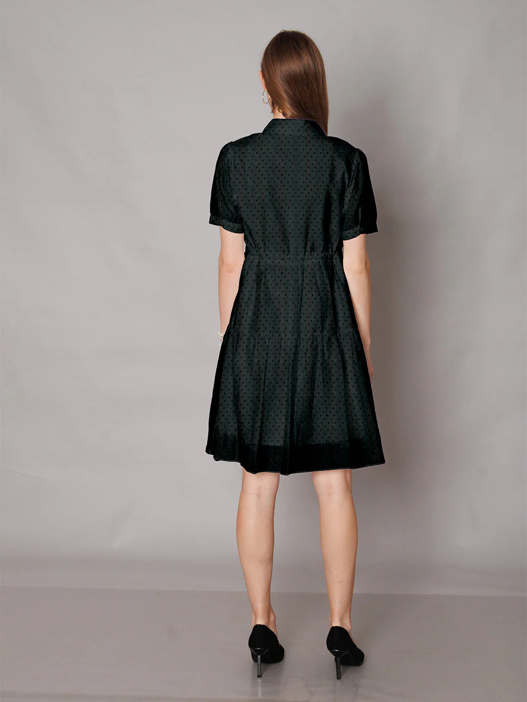 Black Textured Knee-Length A-Line Dress - Image 4