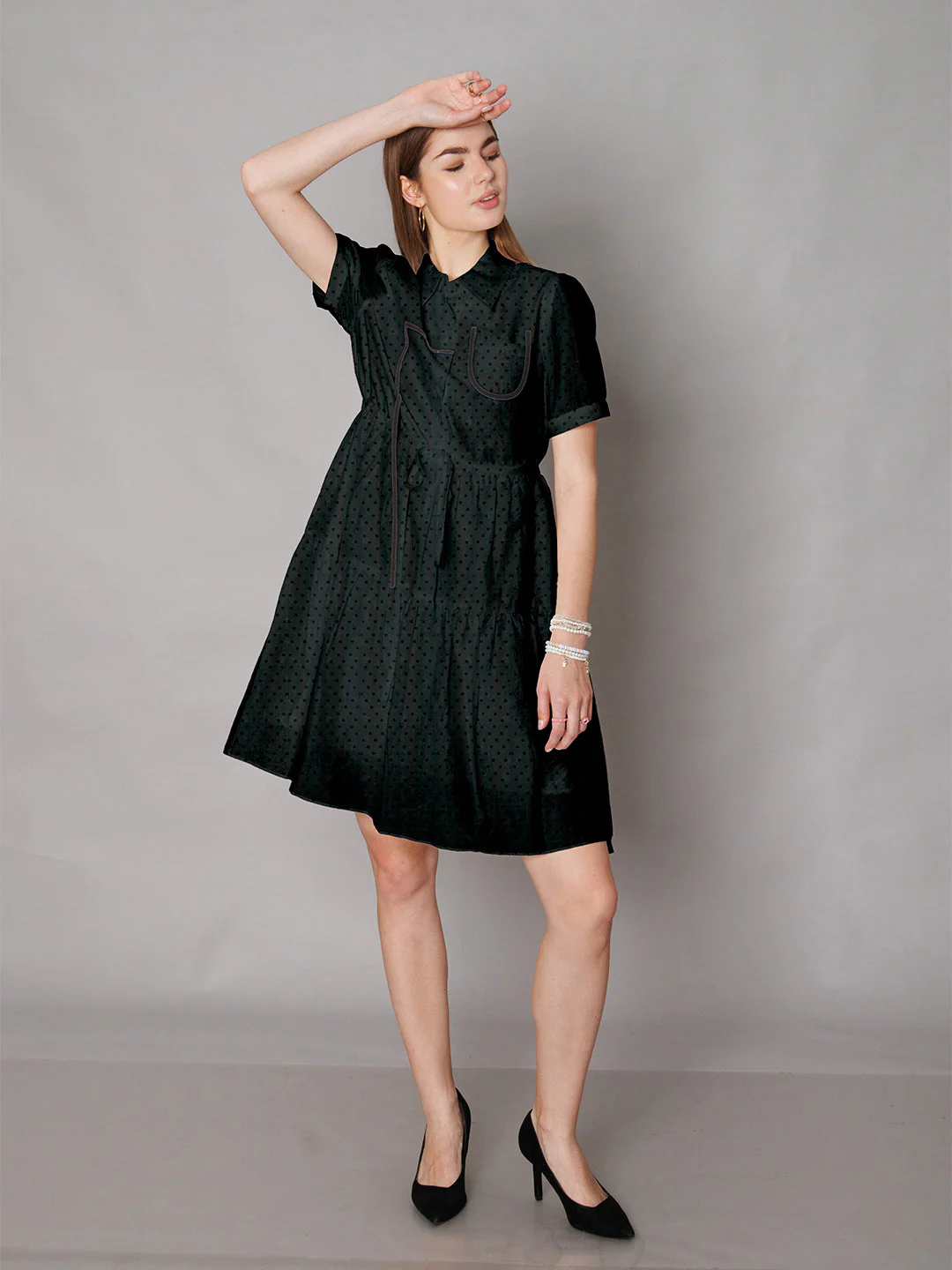 Black Textured Knee-Length A-Line Dress - Image 6