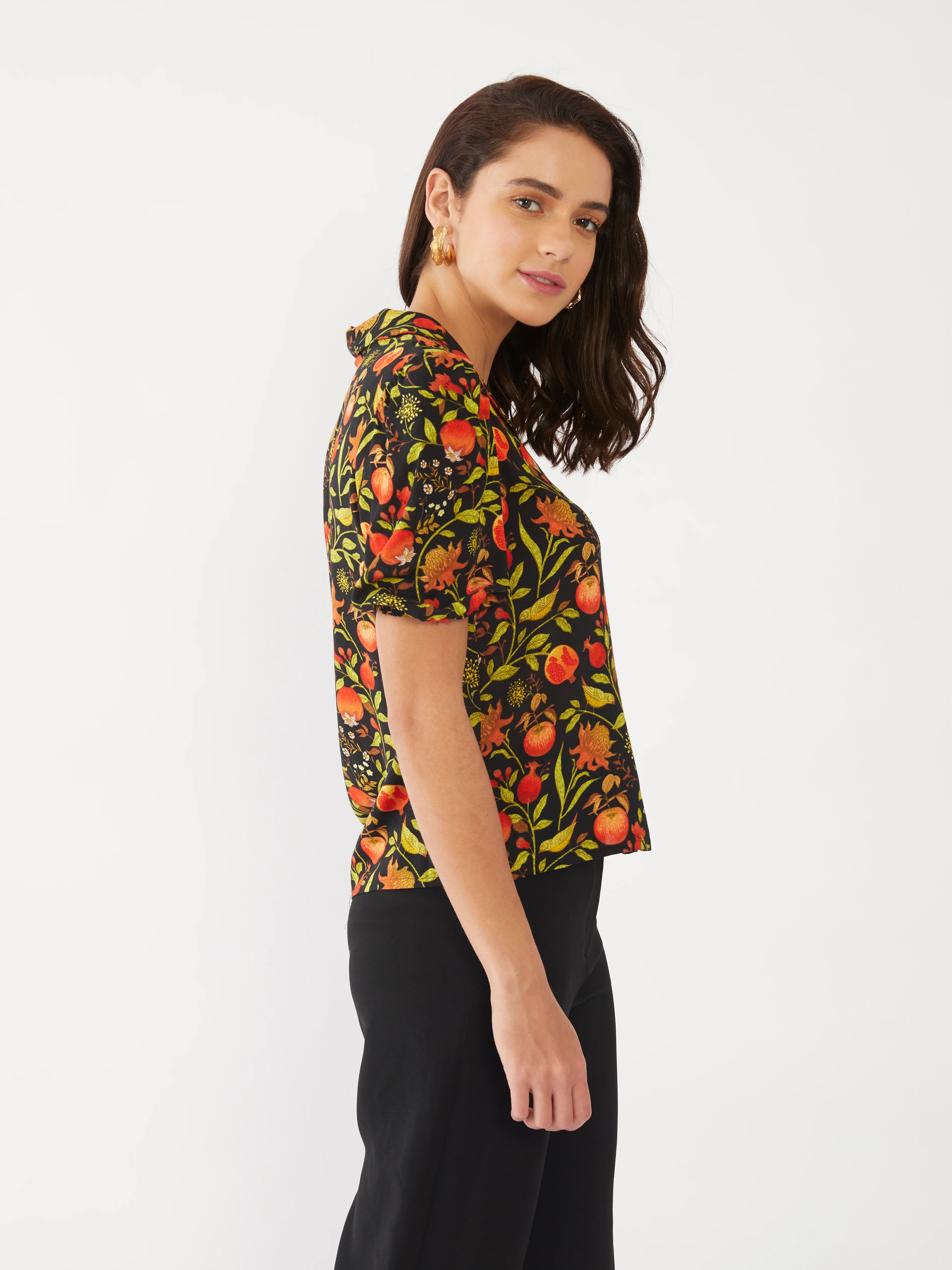 Black Tropical Print Puff Sleeve Top - Image 3