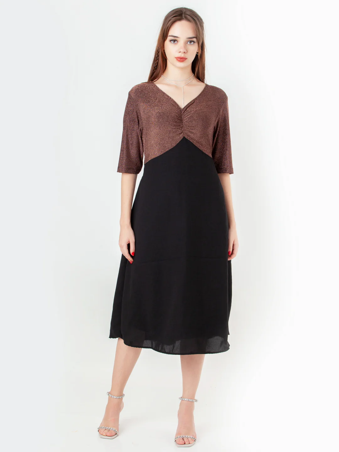 Black with Bronze Shimmer Flared Midi Dress - Image 2