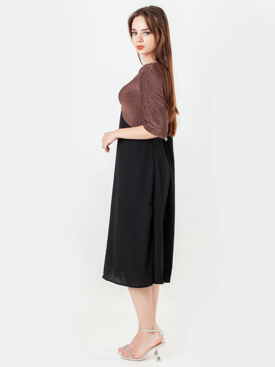 Black with Bronze Shimmer Flared Midi Dress - Image 3