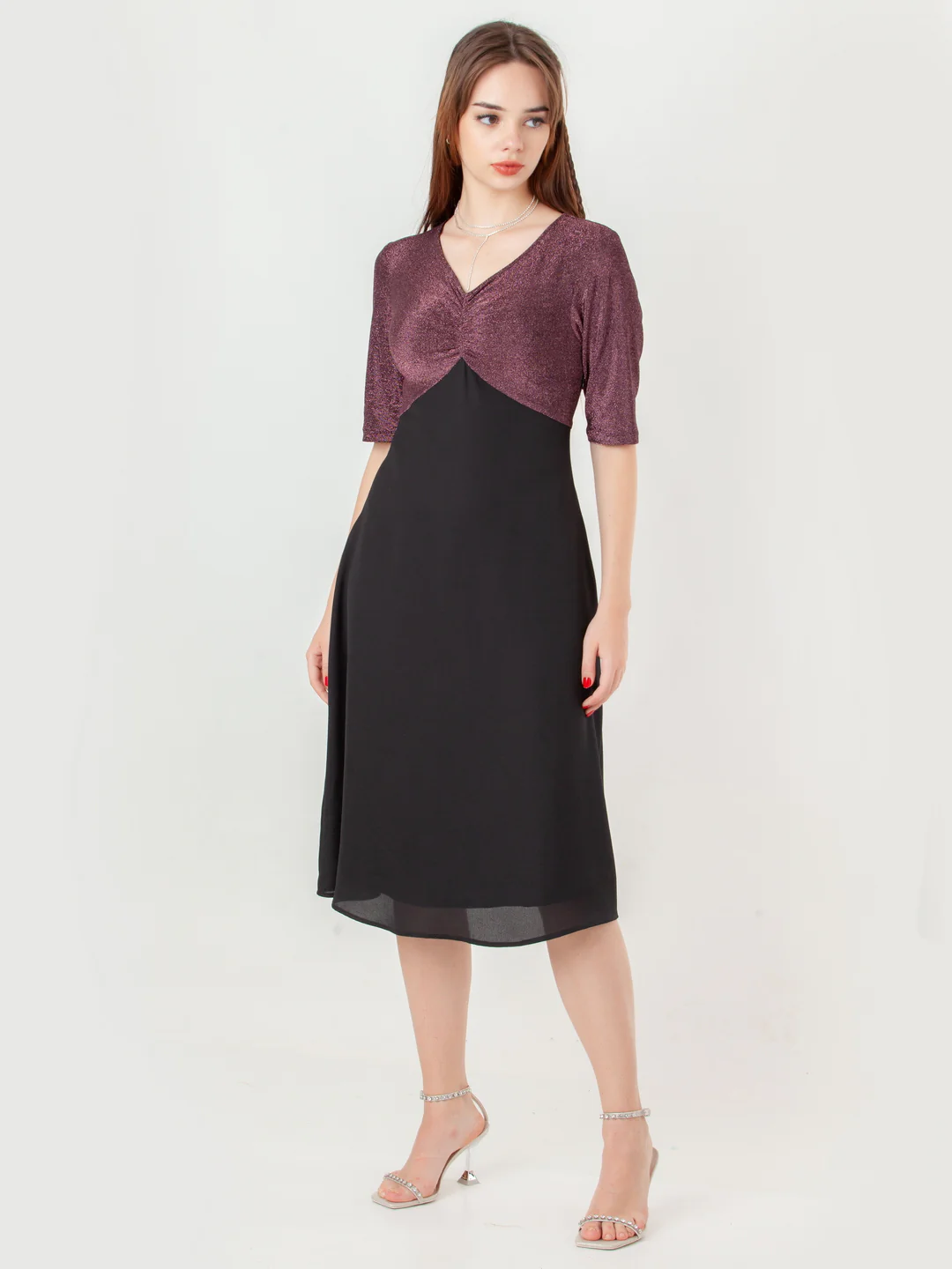Black with Pink Shimmer Flared Midi Dress - Image 2