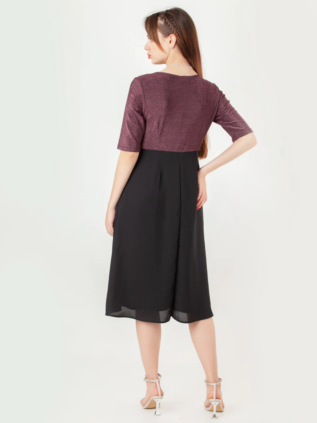 Black with Pink Shimmer Flared Midi Dress - Image 4