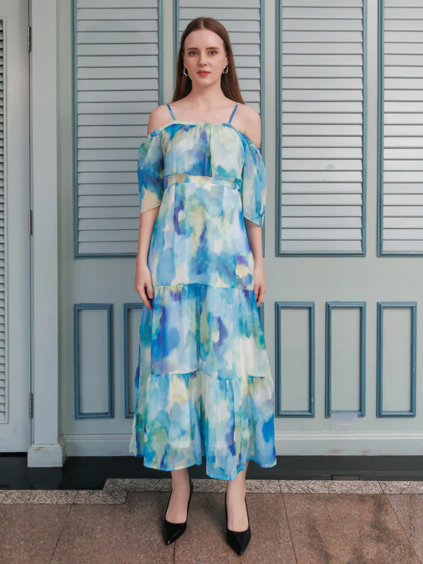 Blue Abstract Flared Maxi Dress - Image 2
