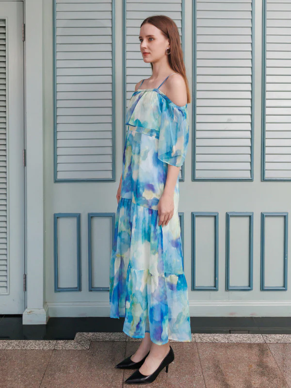 Blue Abstract Flared Maxi Dress - Image 4