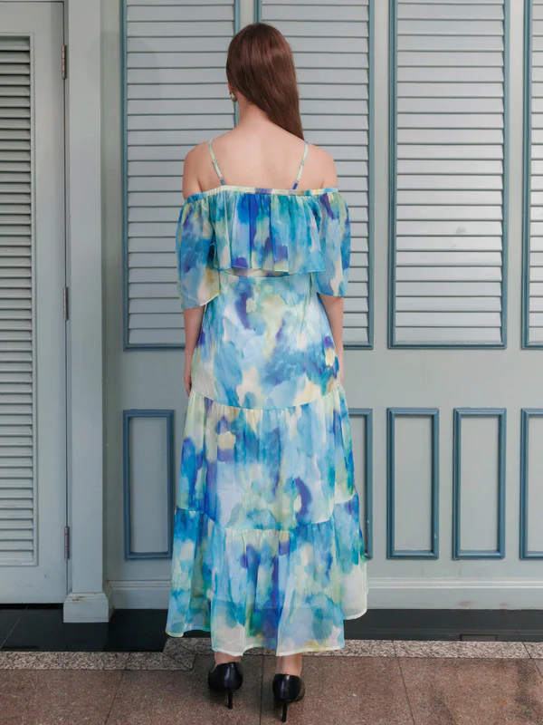 Blue Abstract Flared Maxi Dress - Image 5