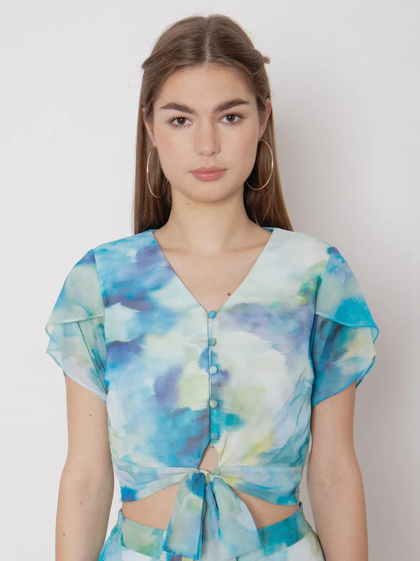 Blue & Green Abstract Printed Fitted Tie Up Top - Image 2