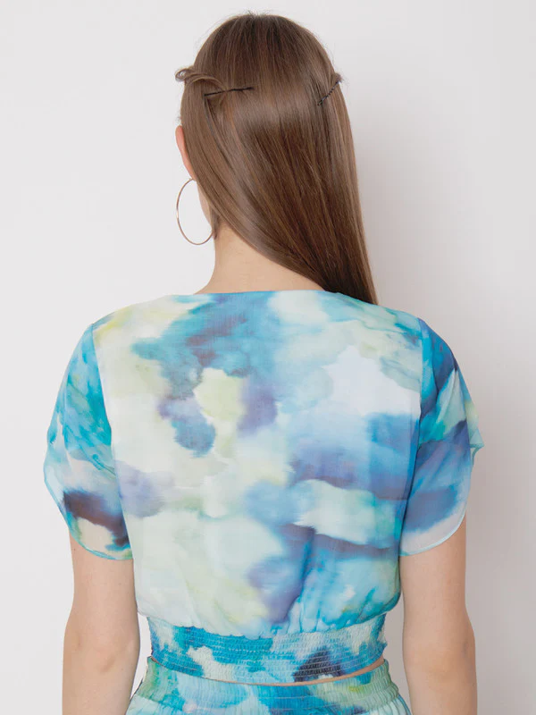 Blue & Green Abstract Printed Fitted Tie Up Top - Image 4