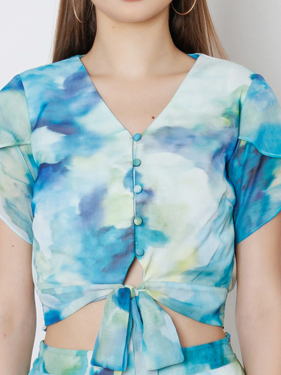 Blue & Green Abstract Printed Fitted Tie Up Top - Image 5