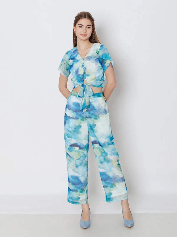 Blue Abstract Printed Straight Trouser