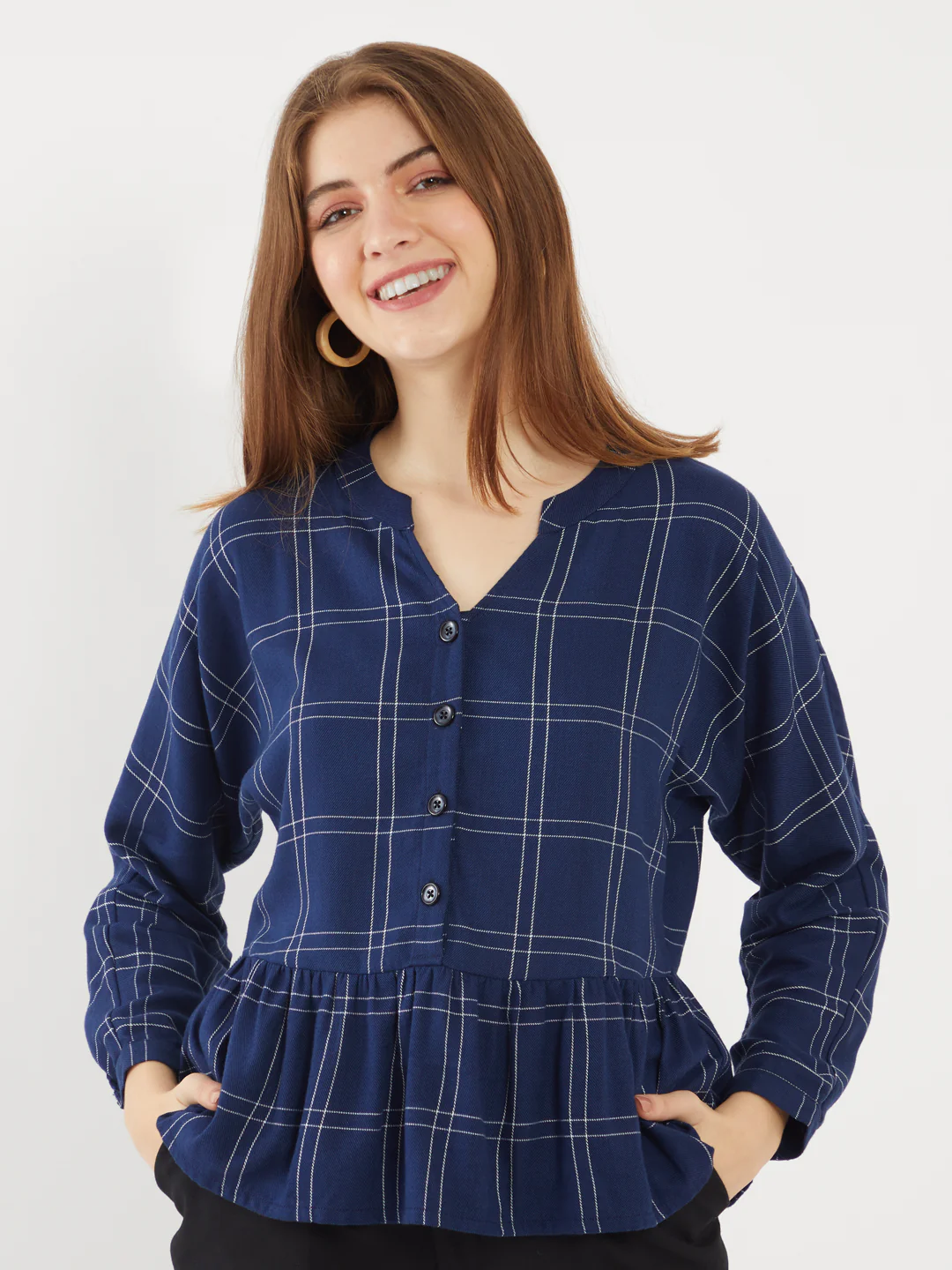 Blue Checked Gathered Top