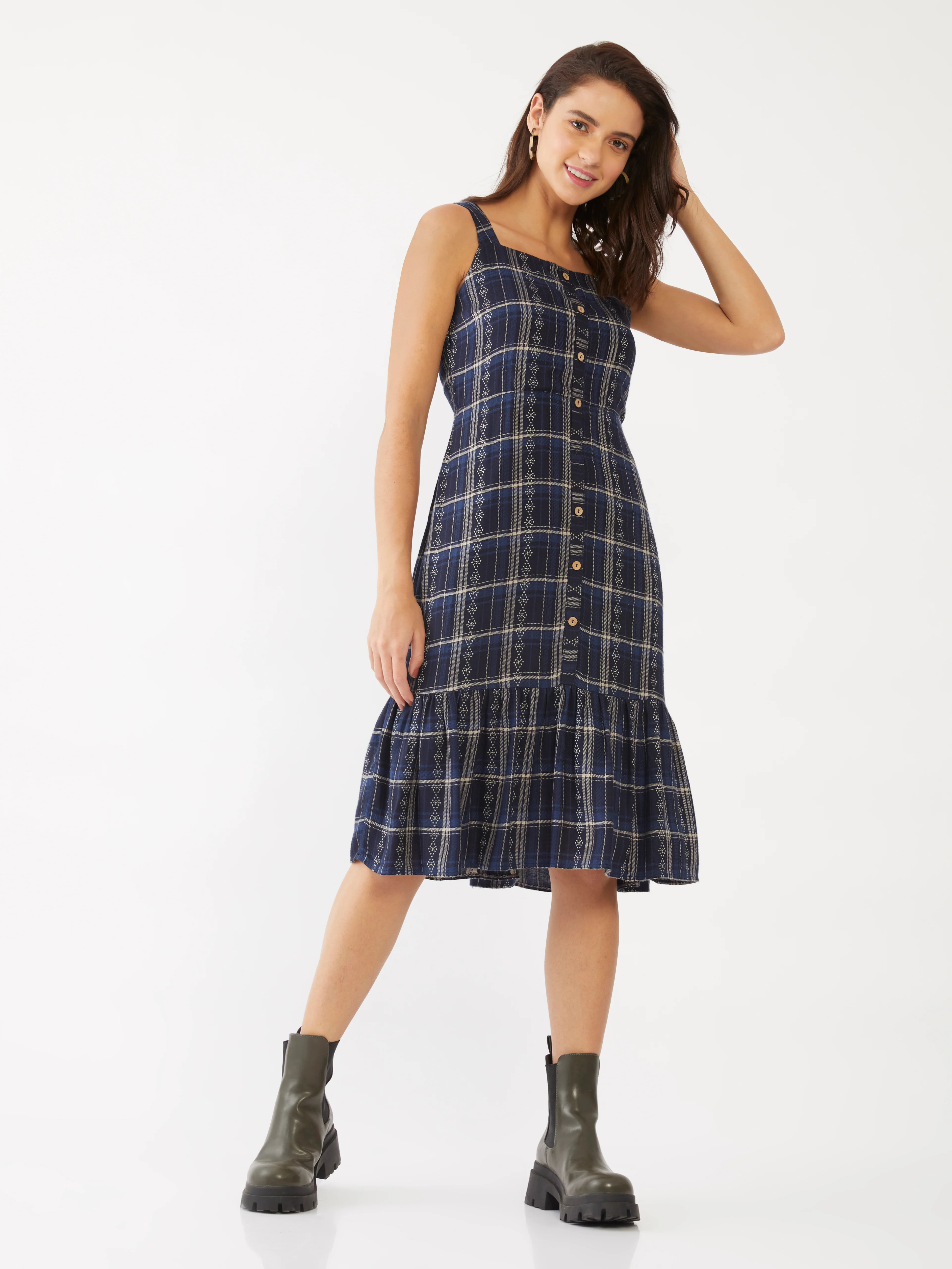 Blue Checked Tiered Midi Dress - Image 2