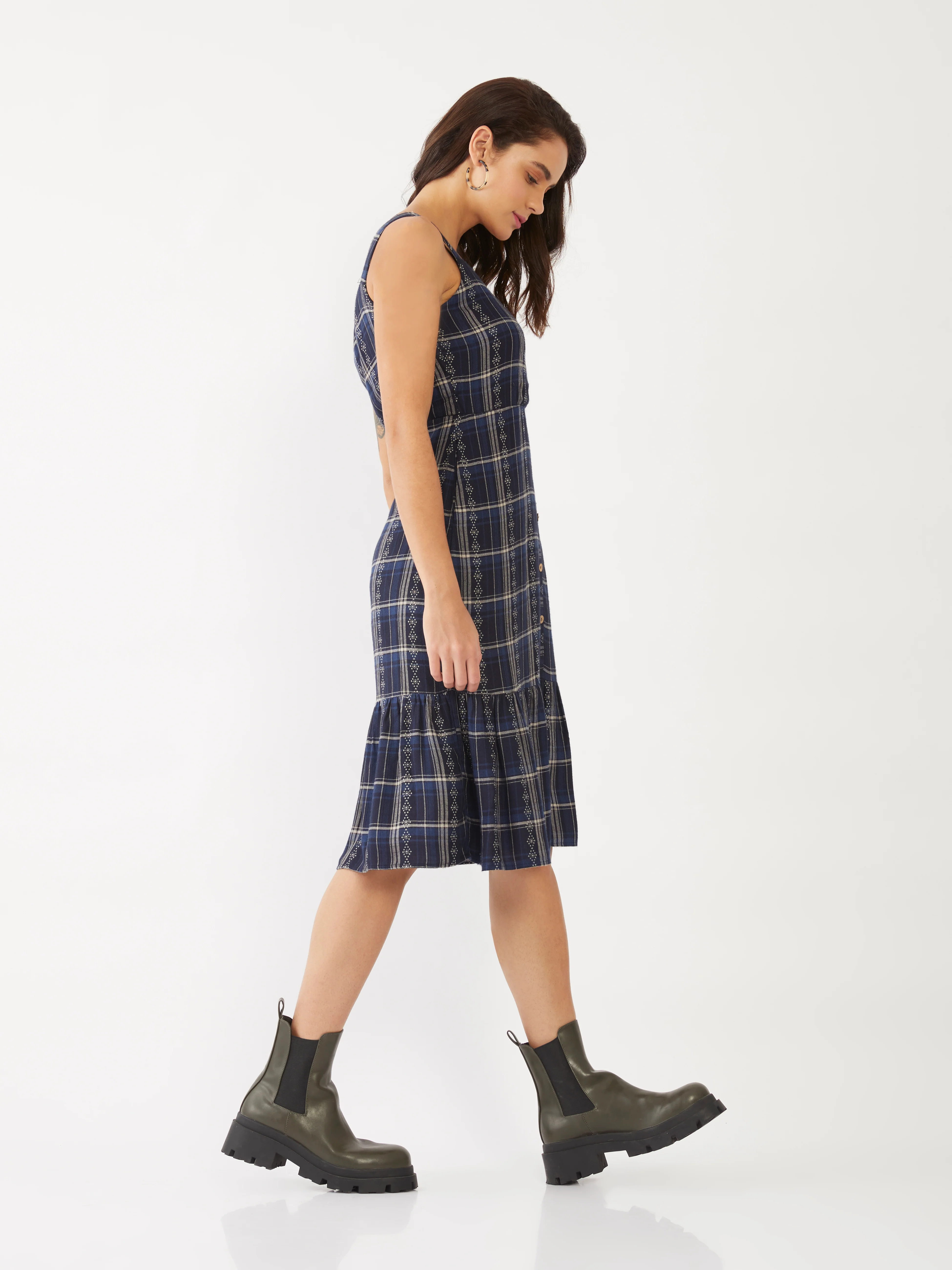 Blue Checked Tiered Midi Dress - Image 3