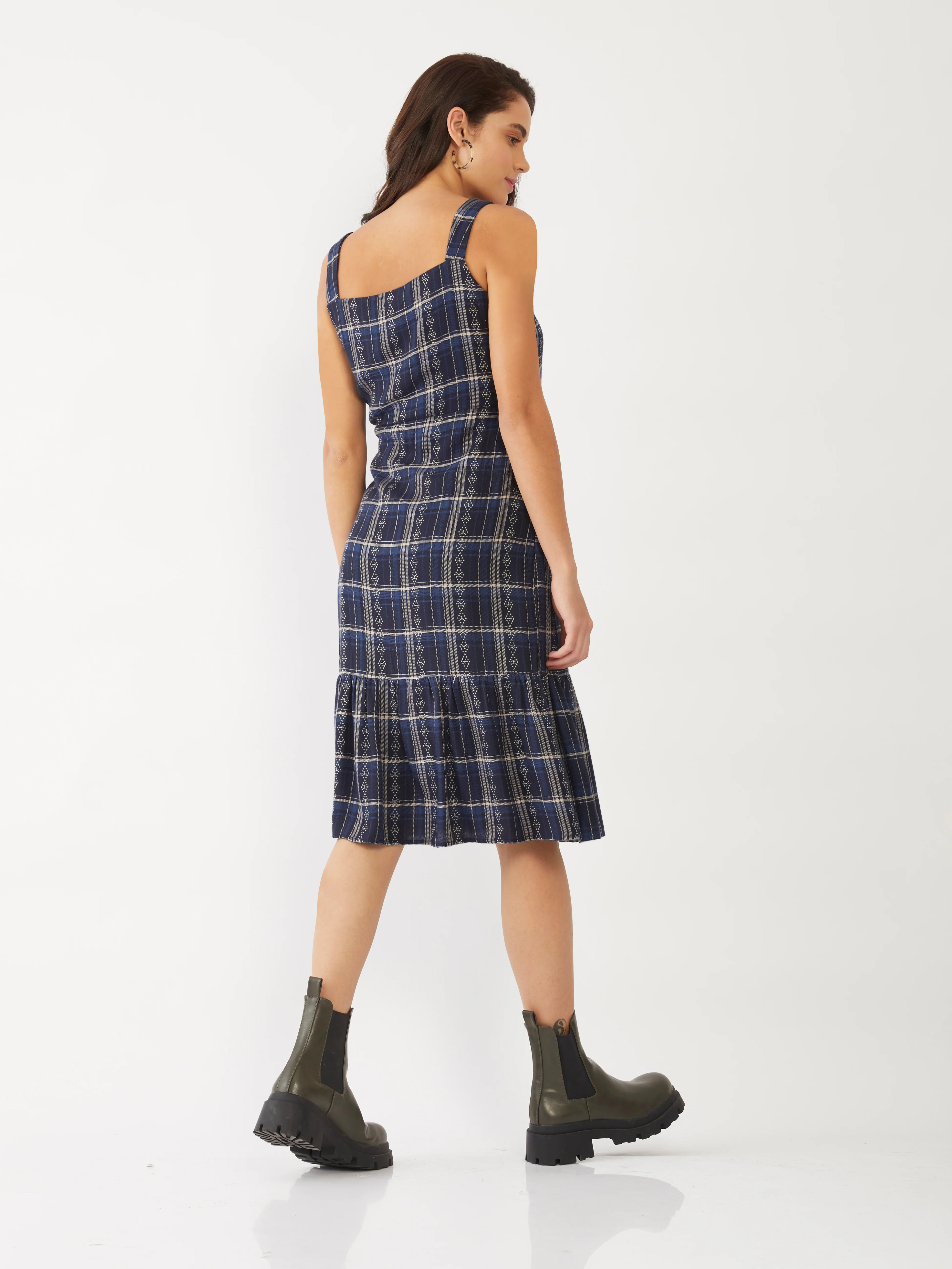 Blue Checked Tiered Midi Dress - Image 4