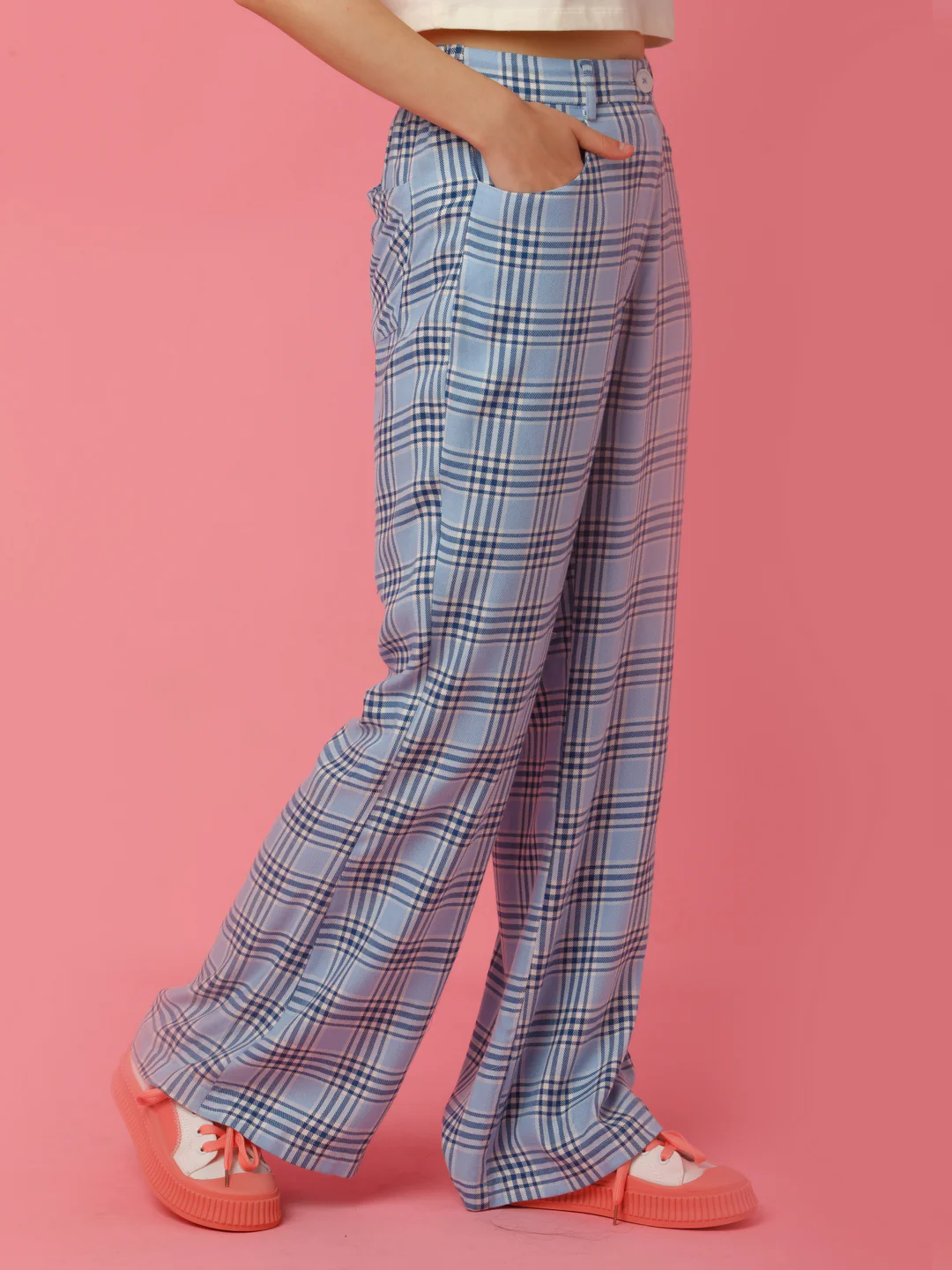 Blue Checked Wide Leg Trouser - Image 3