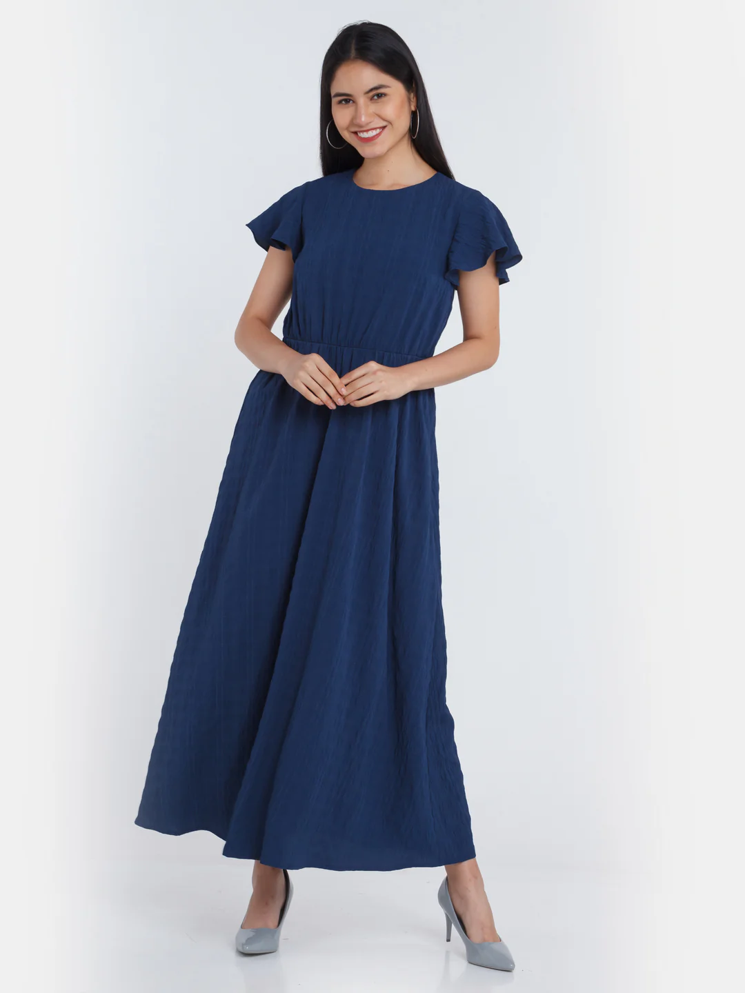 Blue Checks Flared Sleeve Maxi Dress - Image 2