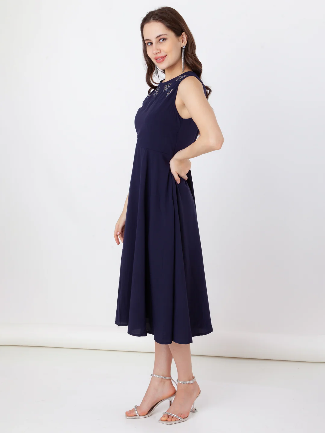 Blue Embroidered A-Line Midi Dress - Image 3