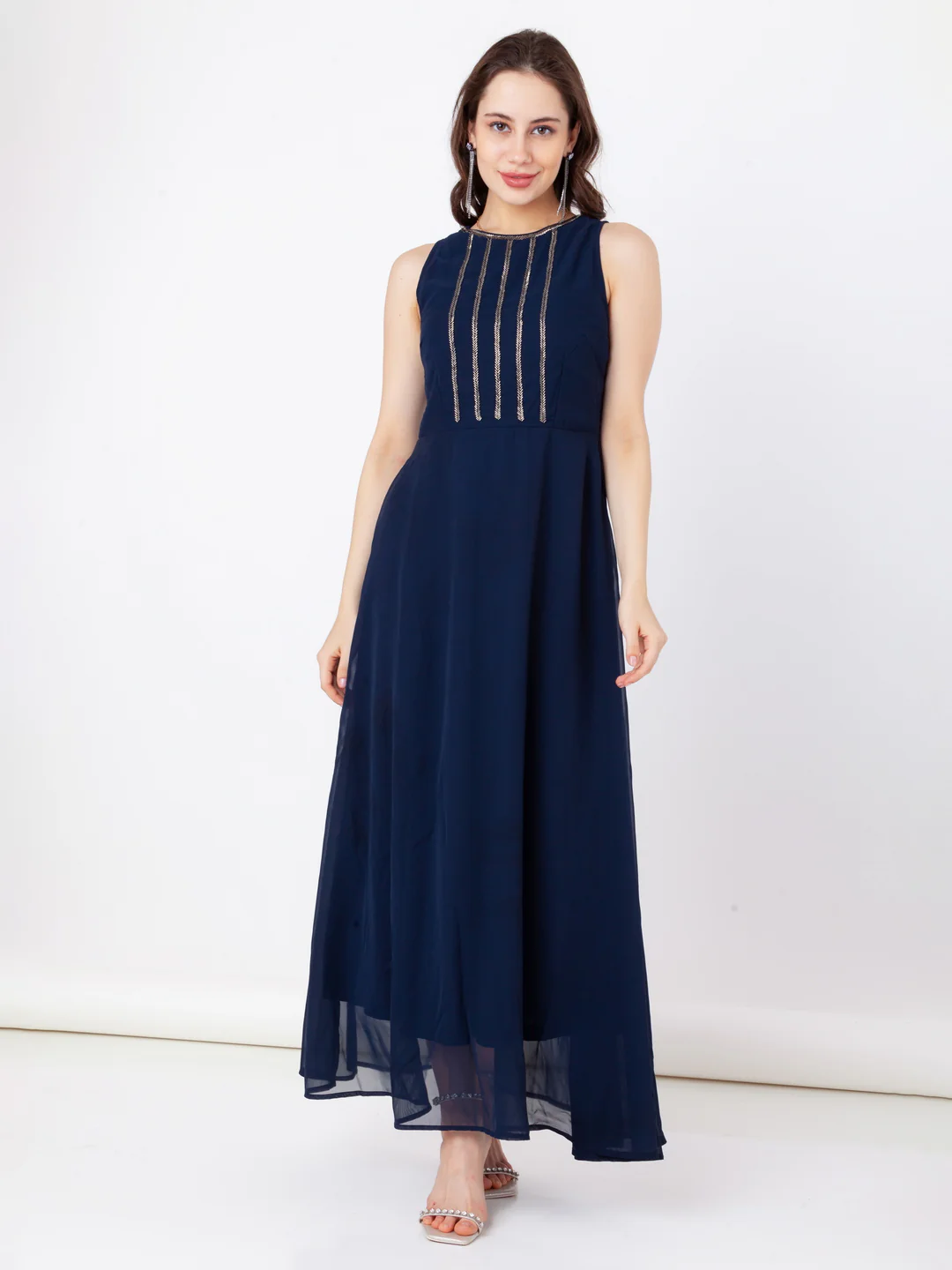 Blue Embroidered Flared Maxi Dress - Image 2