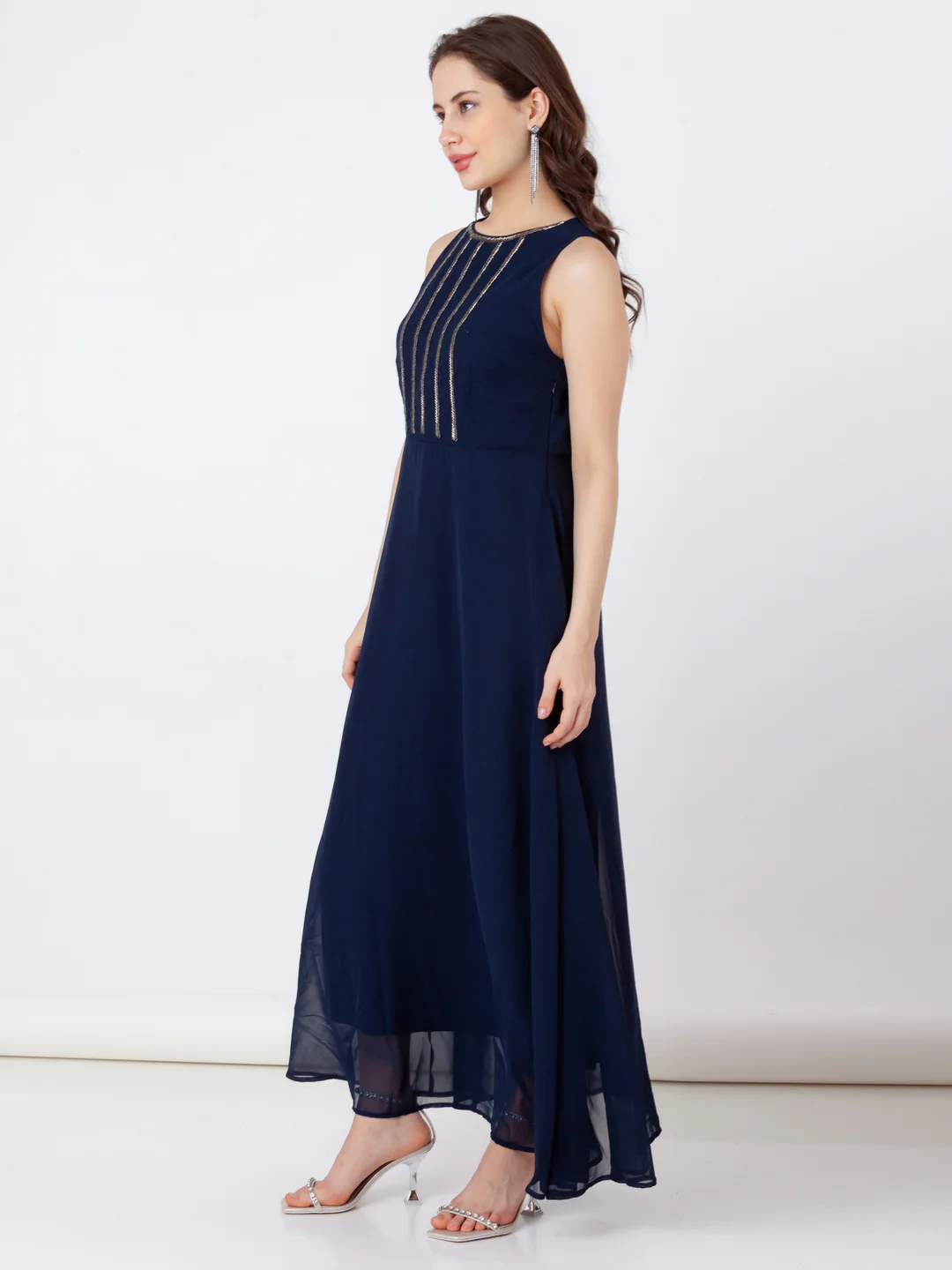 Blue Embroidered Flared Maxi Dress - Image 3