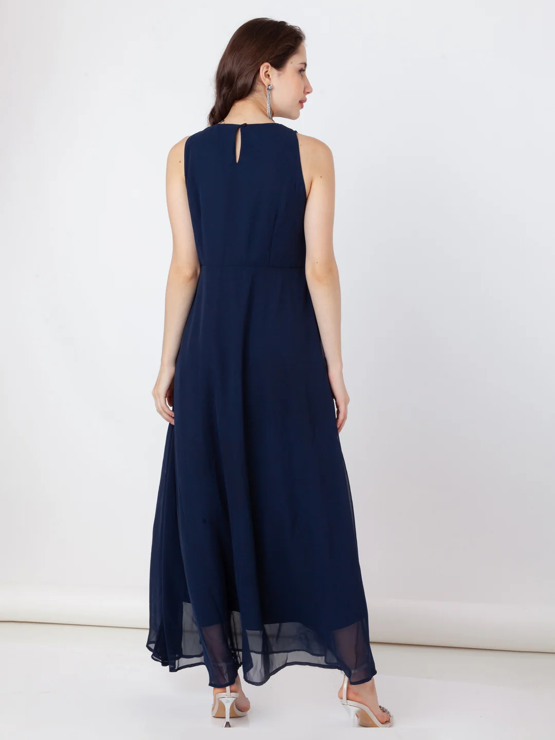 Blue Embroidered Flared Maxi Dress - Image 4