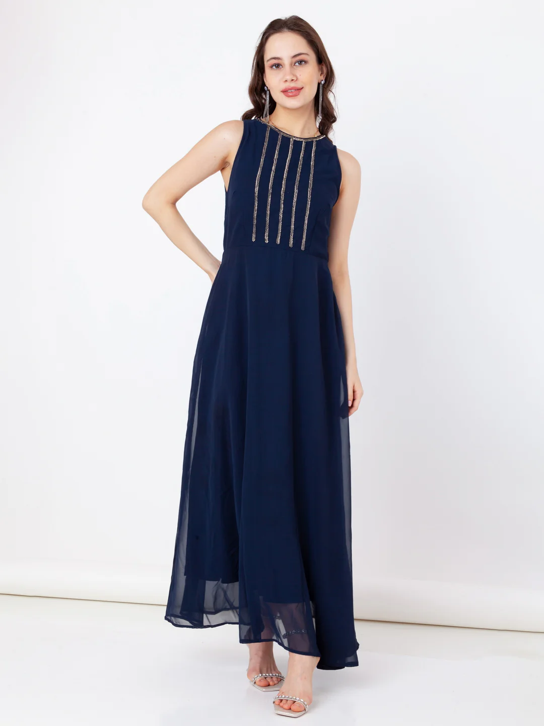 Blue Embroidered Flared Maxi Dress - Image 5