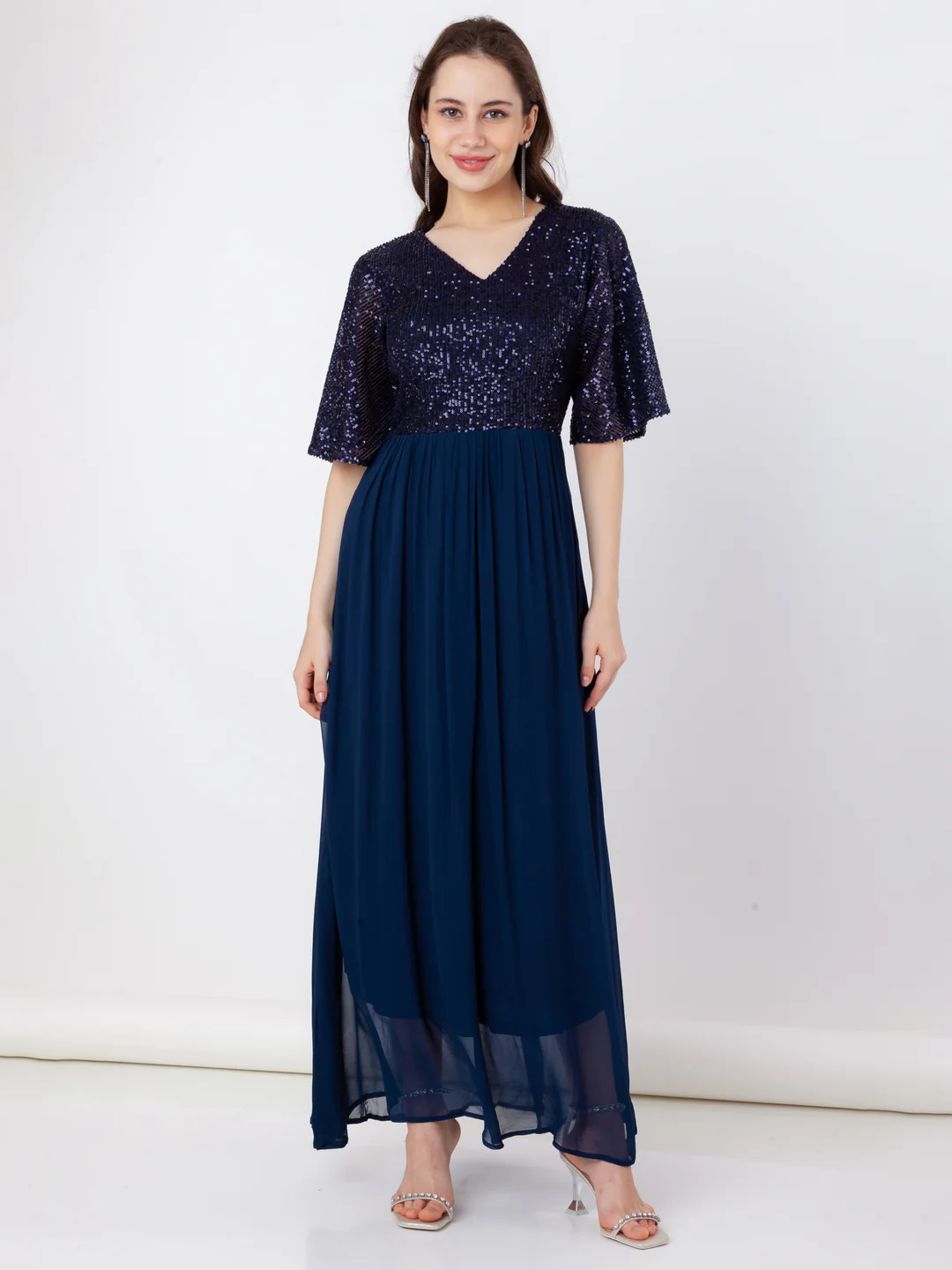 Blue Embroidered Flared Maxi Dress - Image 2