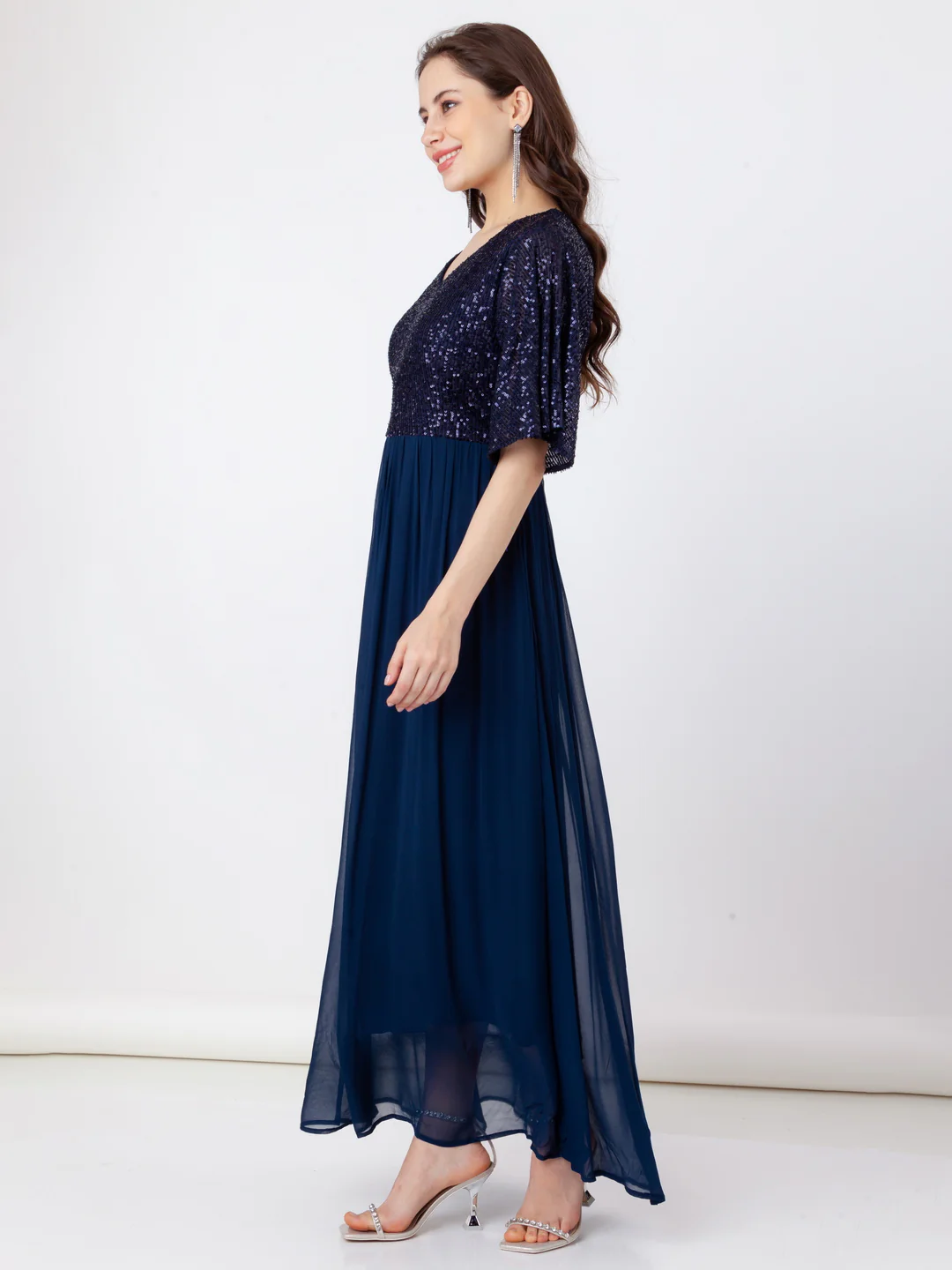 Blue Embroidered Flared Maxi Dress - Image 3