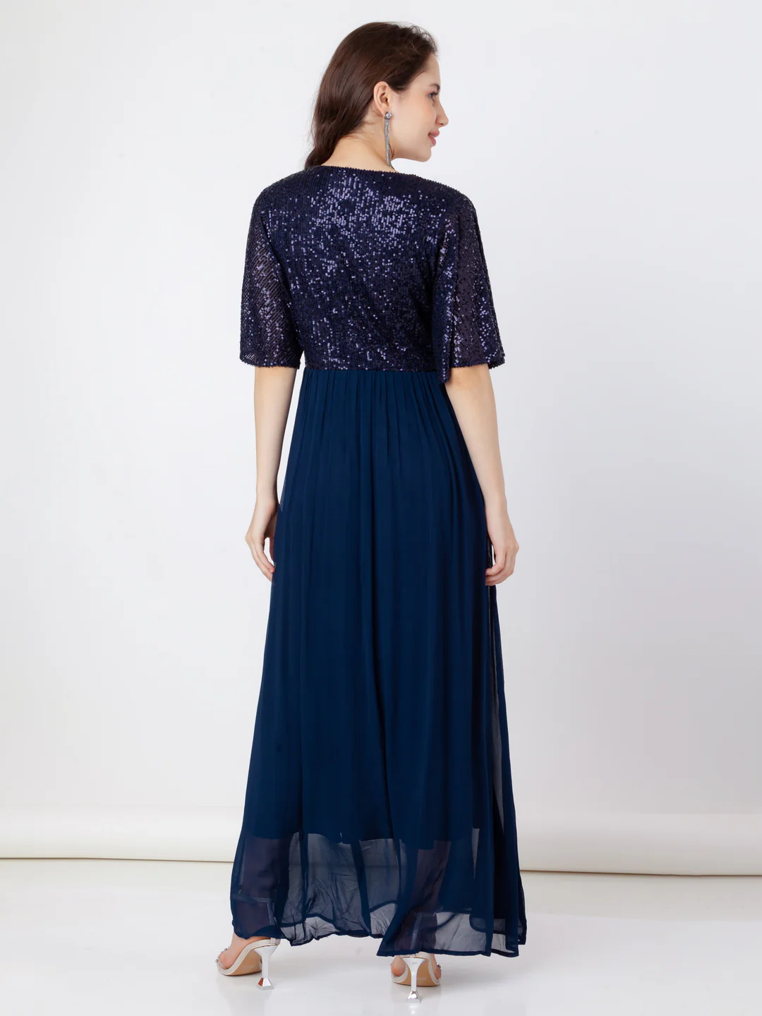 Blue Embroidered Flared Maxi Dress - Image 4