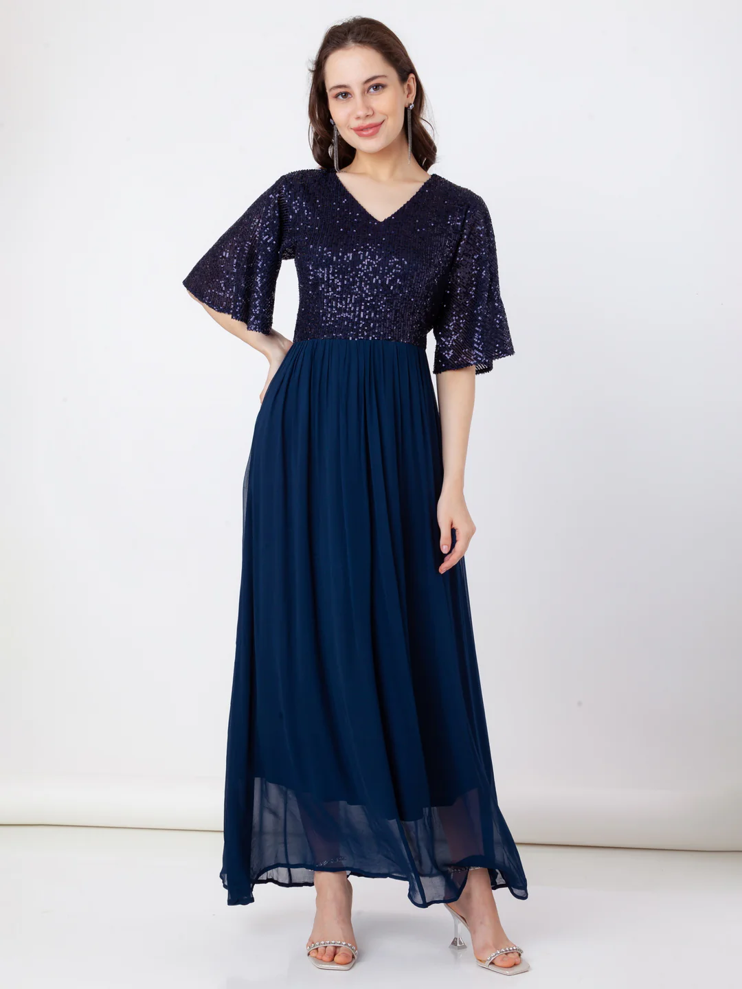Blue Embroidered Flared Maxi Dress - Image 5
