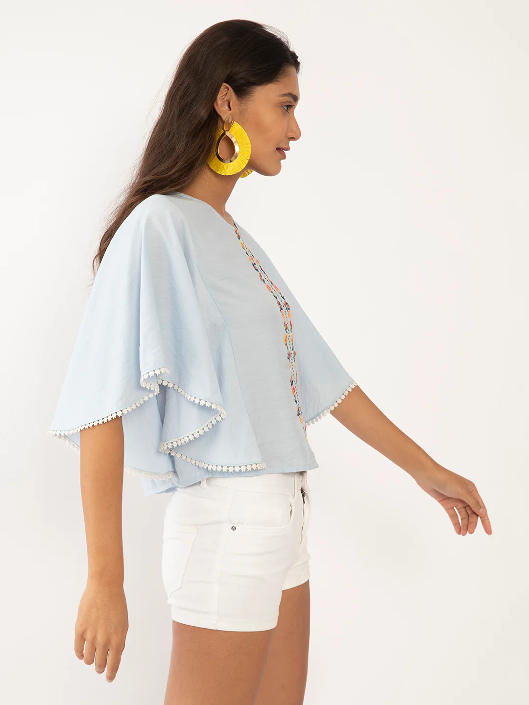 Blue Embroidered Flared Sleeve Top - Image 3