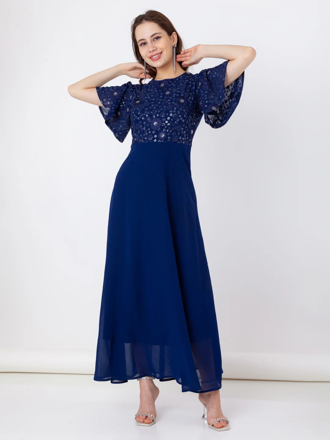 Blue Embroidered Regular Maxi Dress