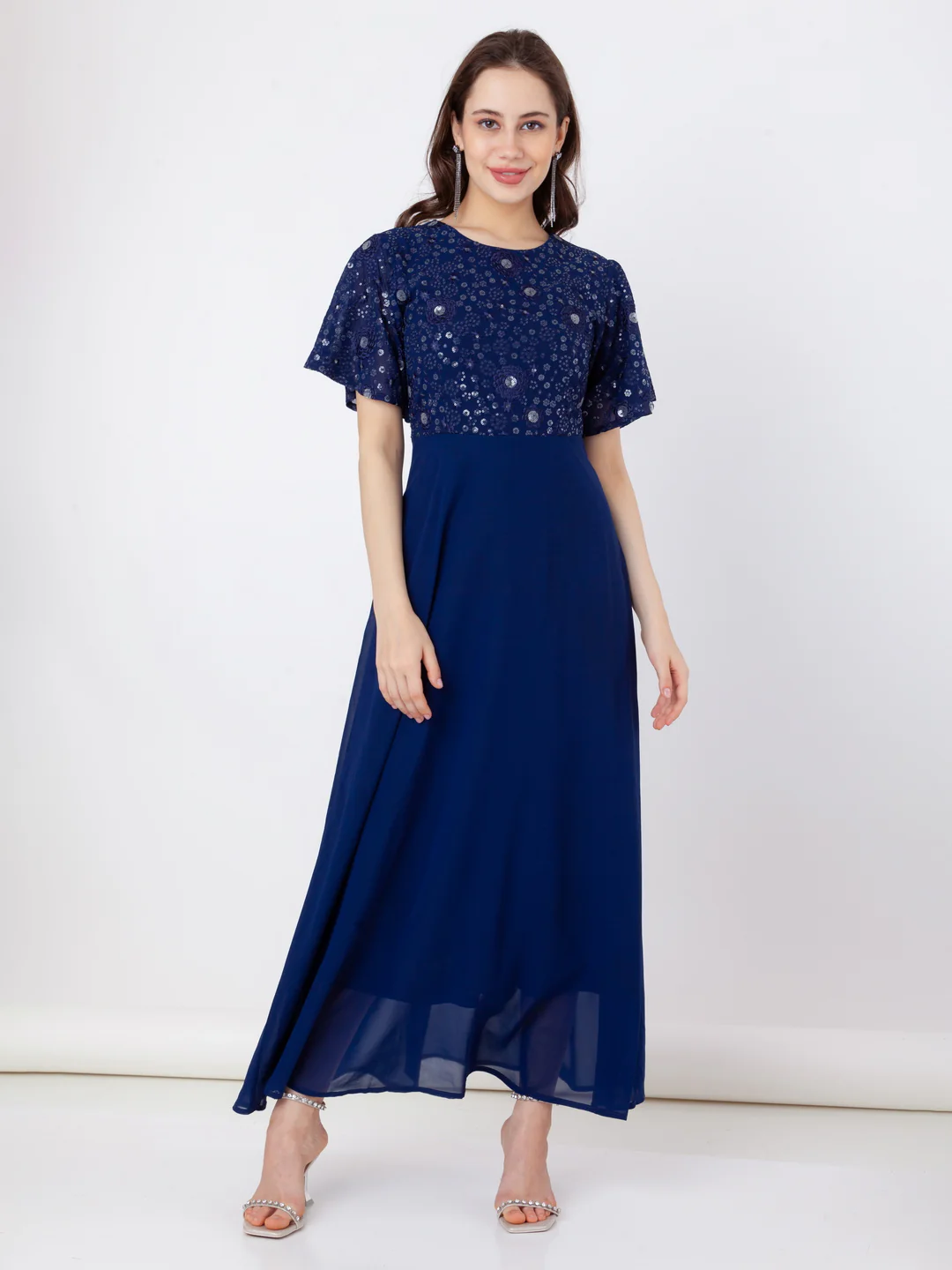 Blue Embroidered Regular Maxi Dress - Image 2