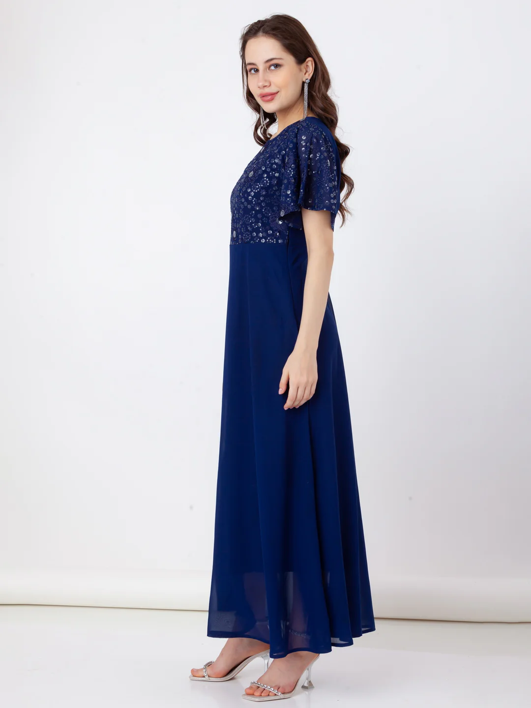 Blue Embroidered Regular Maxi Dress - Image 3