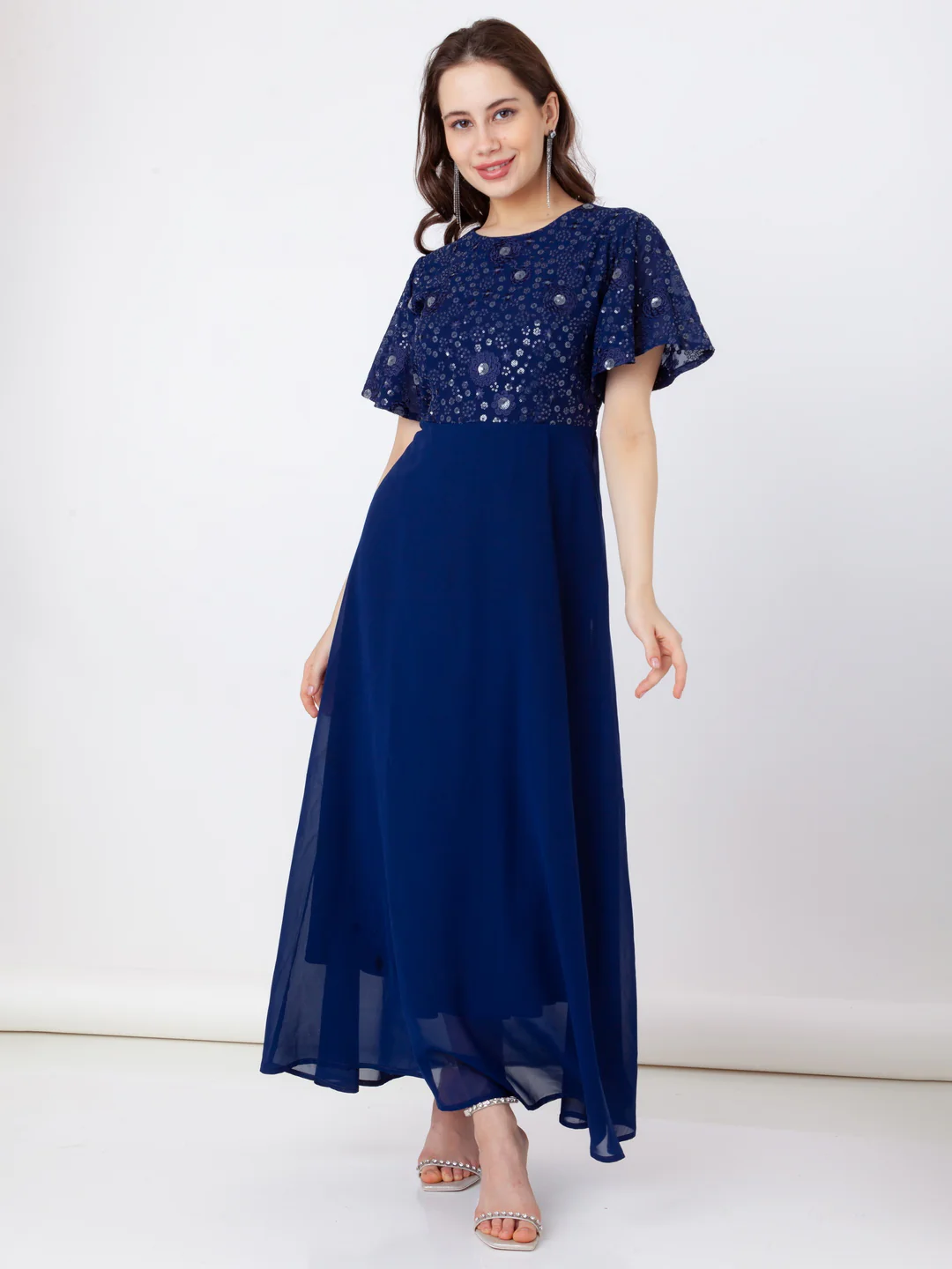 Blue Embroidered Regular Maxi Dress - Image 5