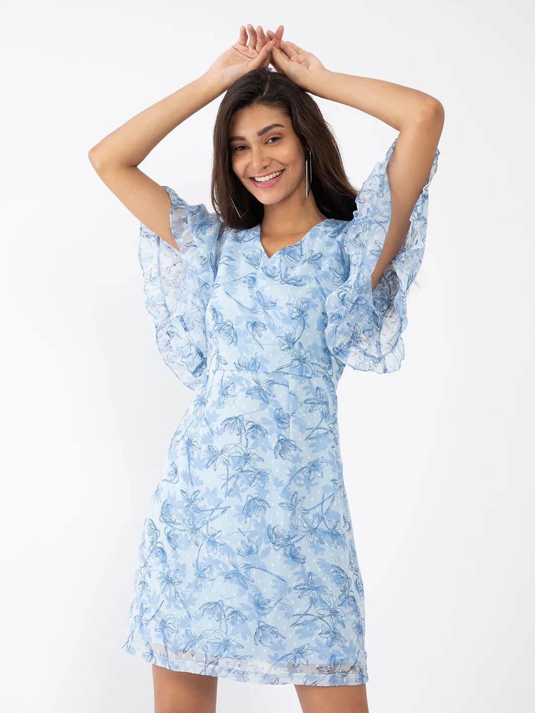 Blue Floral Print Flared Sleeve Short Dress - Image 2