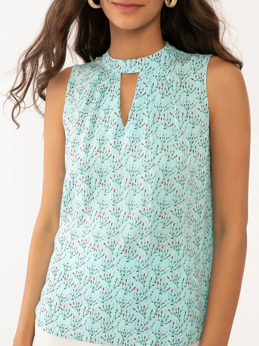 Blue Floral Print Sleeveless Regular Top - Image 6
