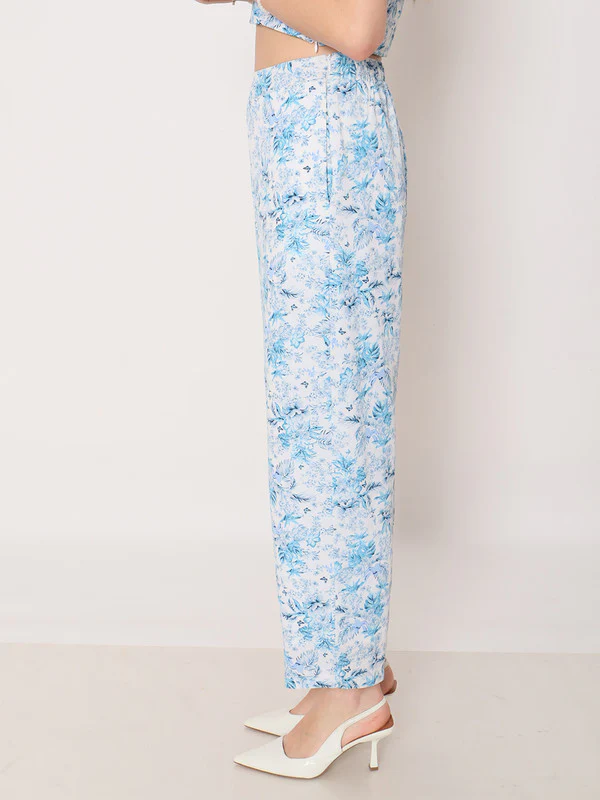 Blue Floral Print Straight Trouser - Image 4