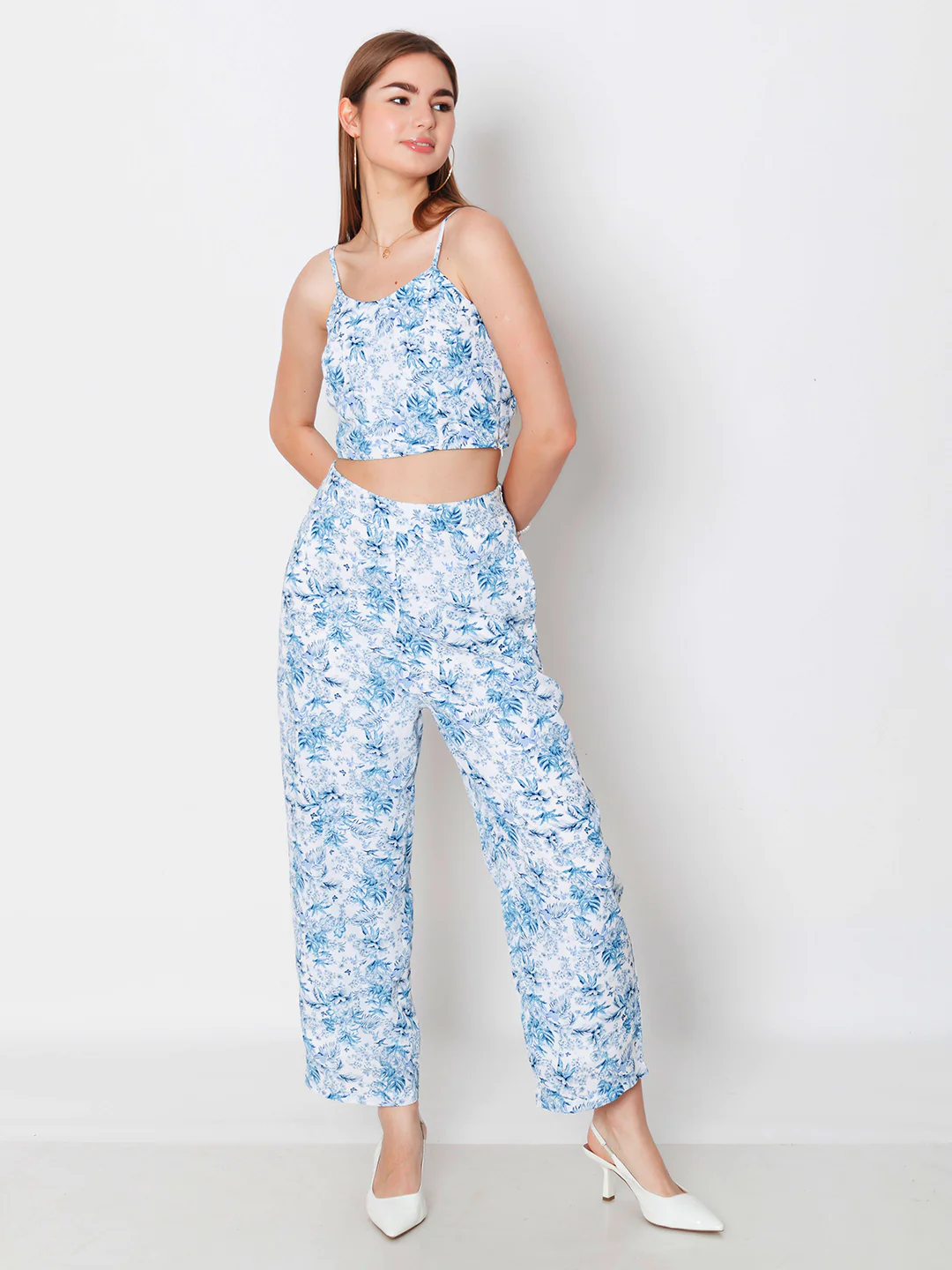Blue Floral Print Straight Trouser - Image 7
