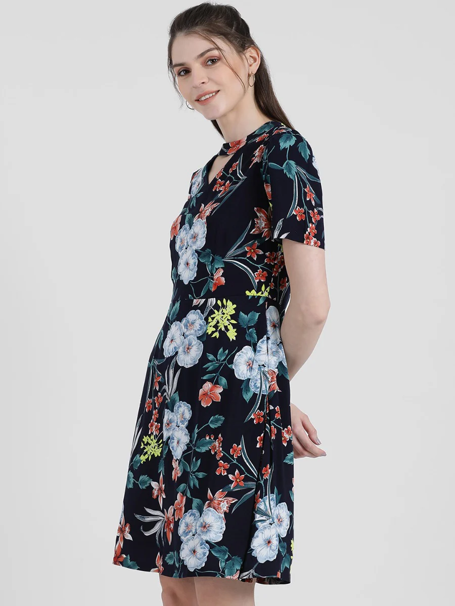 Blue Floral Printed A-Line Dress - Image 3